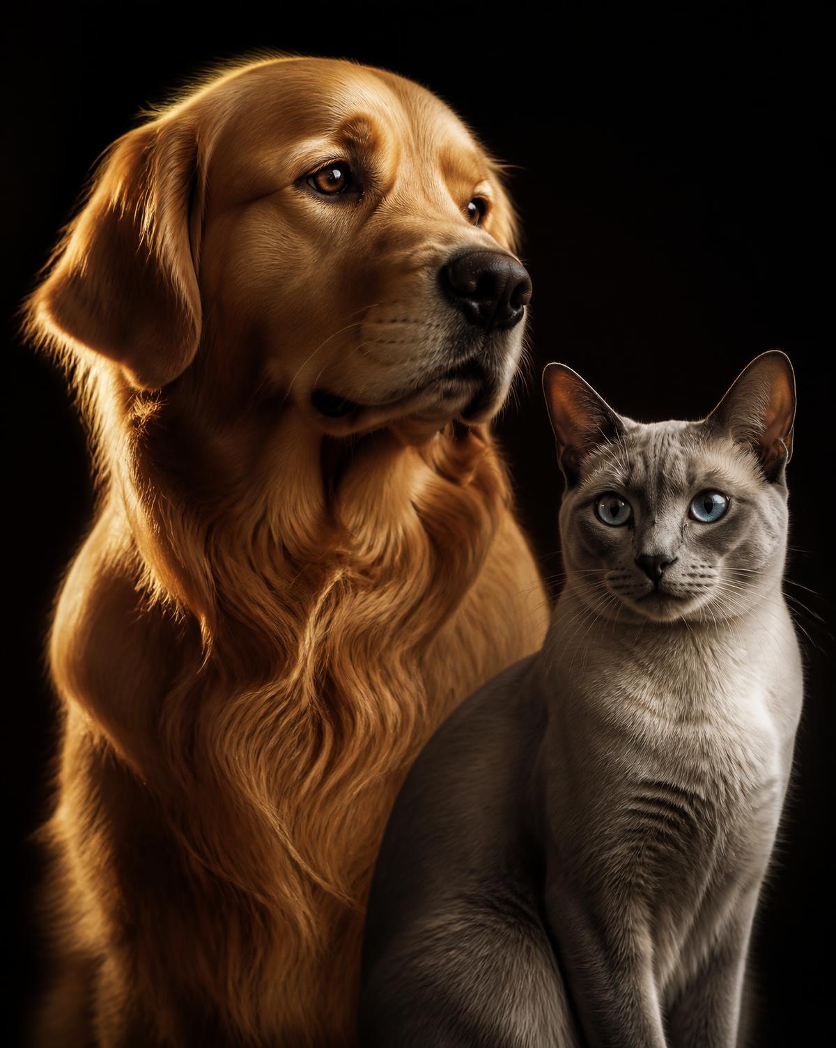 A golden retriever and a siamese cat portrait in warm gold light