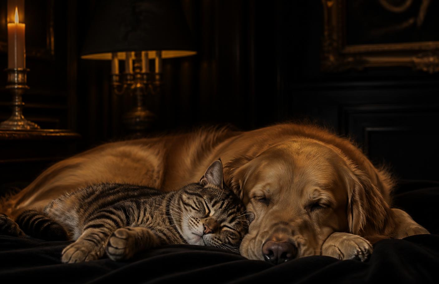 A cat and a dog sleeping peacefully together by candlelight
